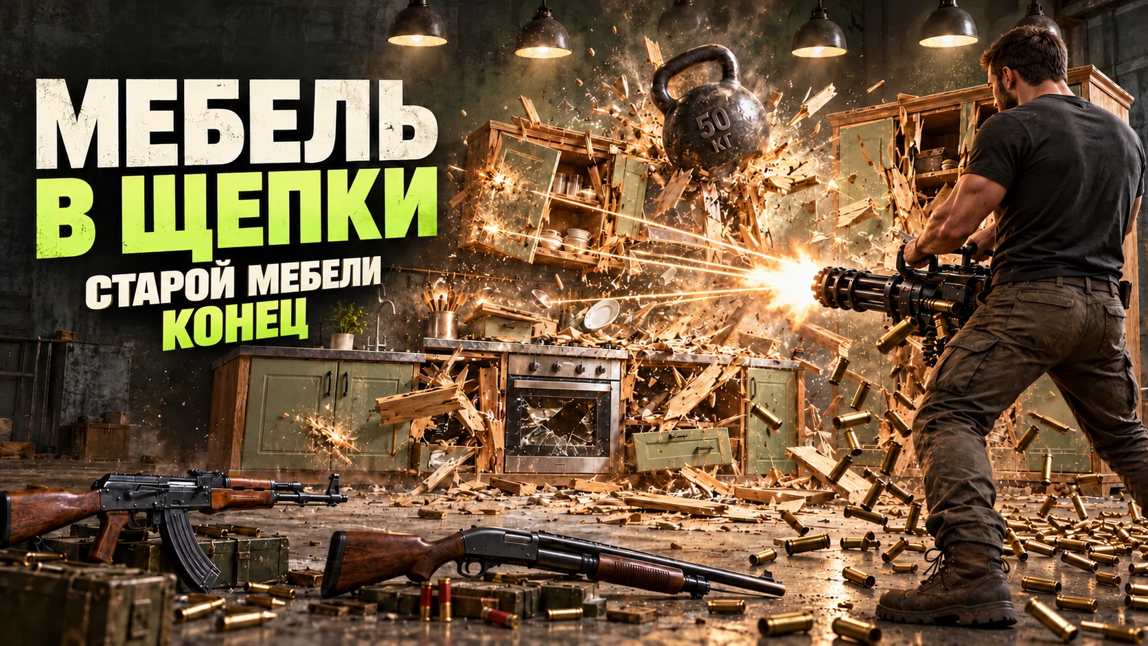 Мебель в щепки: мужчина стреляет из минигана по старой мебели, видны трассы пуль и летящие гильзы