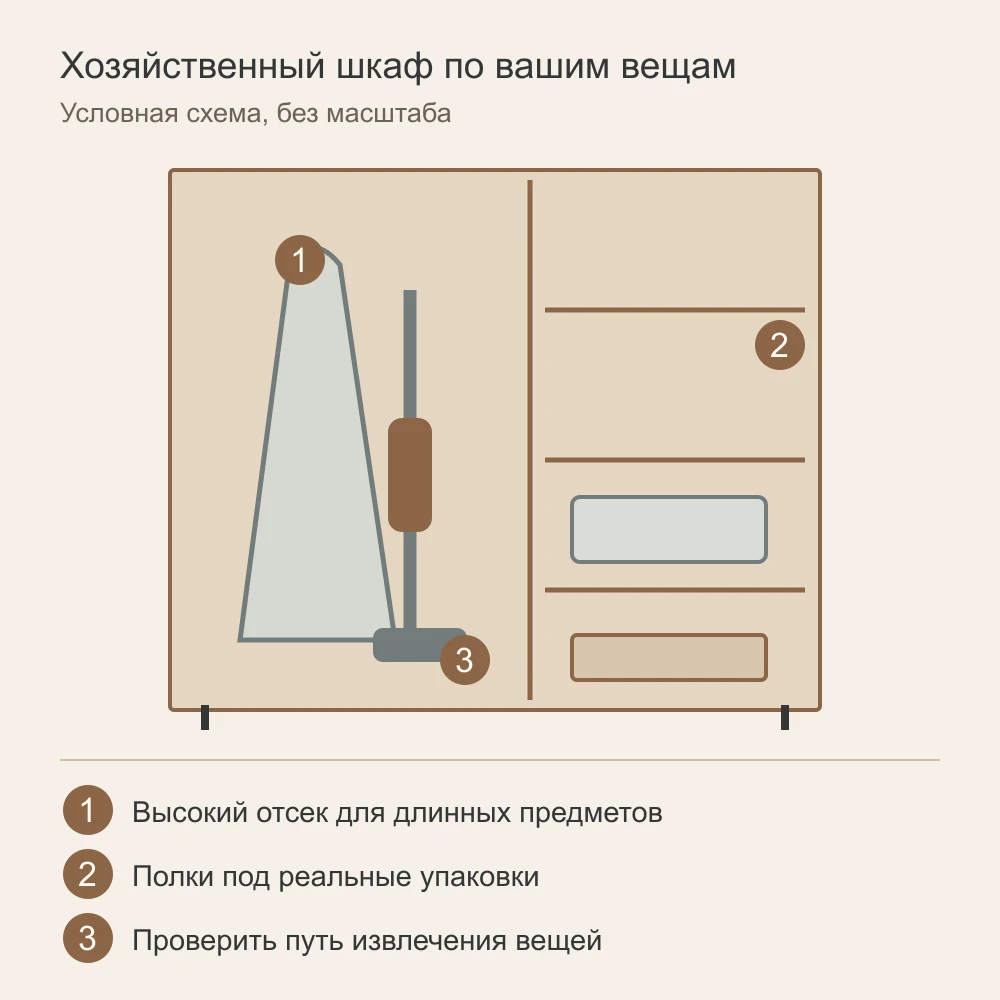 Схема хозяйственного шкафа с высоким отсеком, отдельными полками и зоной для принадлежностей
