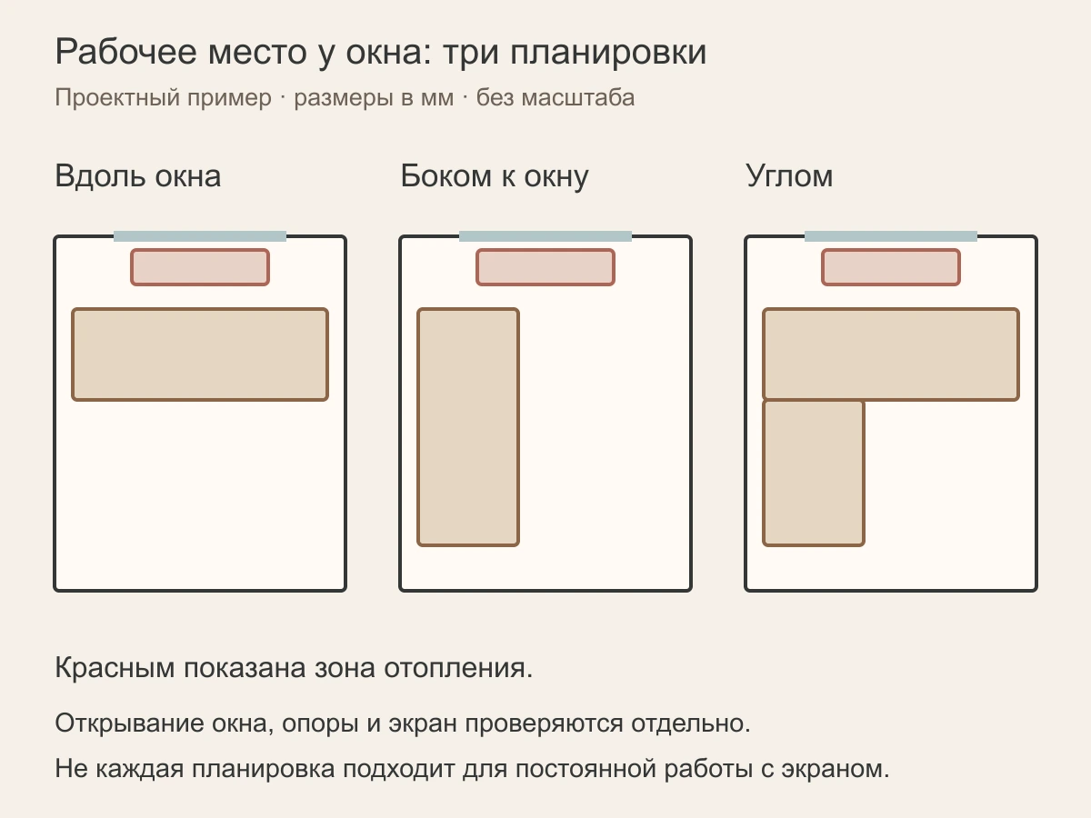 Схемы расположения стола вдоль окна, боком к окну и углом