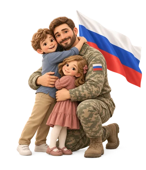 Солдат обнимает мальчика и девочку, а дети обнимают его
