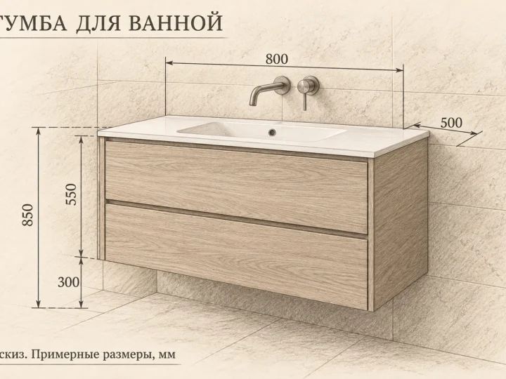 Тумба для ванной «Светлый дуб» (арт. 530). Эскиз с фасадами и примерными размерами