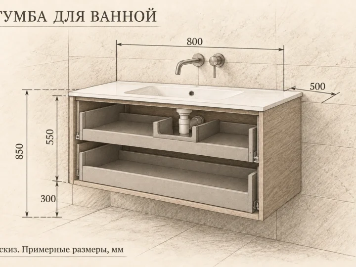 Тумба для ванной «Светлый дуб» (арт. 530). Эскиз без фасадов и с примерными размерами
