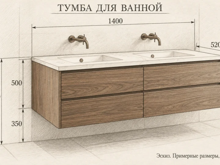 Тумба для ванной «Орех и камень» (арт. 531). Эскиз с фасадами и примерными размерами