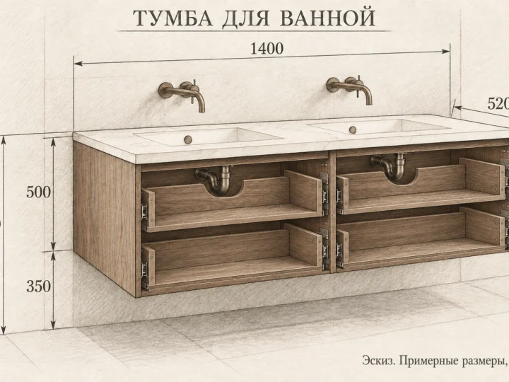 Тумба для ванной «Орех и камень» (арт. 531). Эскиз без фасадов и с примерными размерами