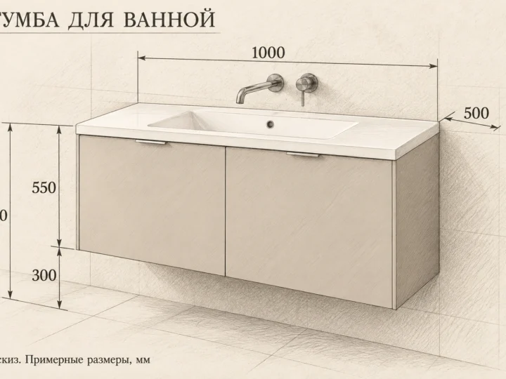 Тумба для ванной «Кашемир» (арт. 532). Эскиз с фасадами и примерными размерами