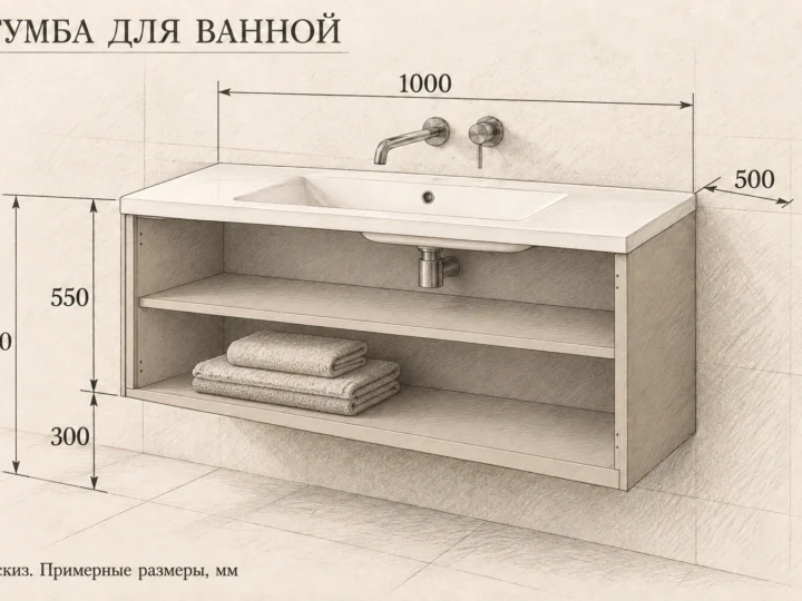 Тумба для ванной «Кашемир» (арт. 532). Эскиз без фасадов и с примерными размерами