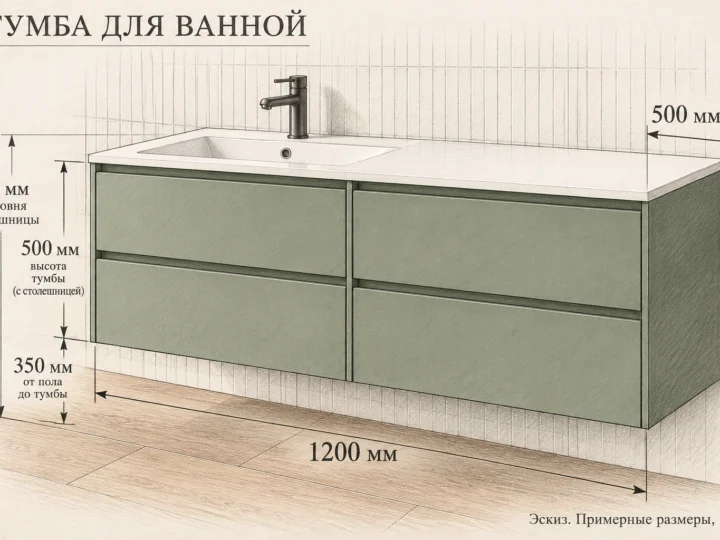 Тумба для ванной «Шалфей» (арт. 533). Эскиз с фасадами и примерными размерами