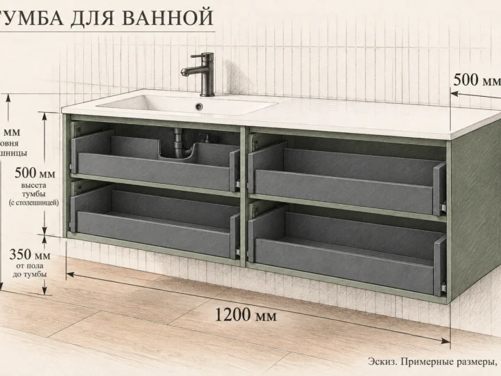 Тумба для ванной «Шалфей» (арт. 533). Эскиз без фасадов и с примерными размерами