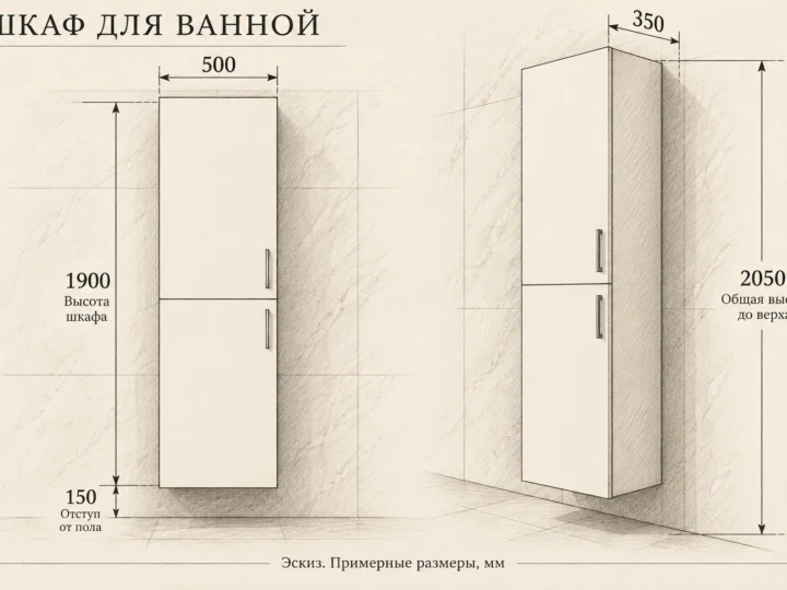 Шкаф для ванной «Белый пенал» (арт. 534). Эскиз с фасадами и примерными размерами