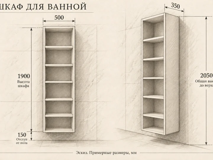 Шкаф для ванной «Белый пенал» (арт. 534). Эскиз без фасадов и с примерными размерами