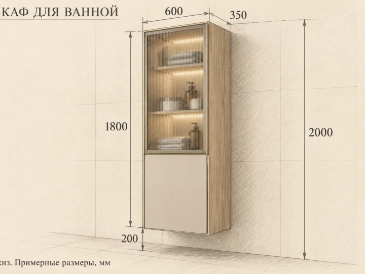 Шкаф для ванной «Дуб и рифлёное стекло» (арт. 535). Эскиз с фасадами и примерными размерами