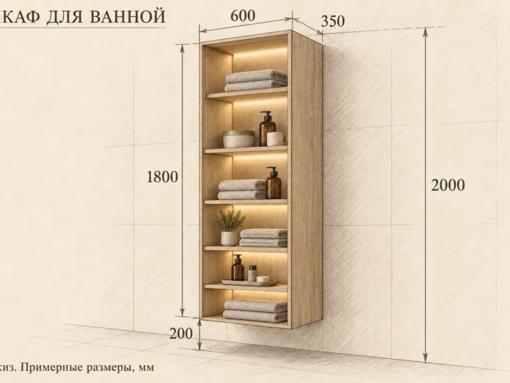 Шкаф для ванной «Дуб и рифлёное стекло» (арт. 535). Эскиз без фасадов и с примерными размерами