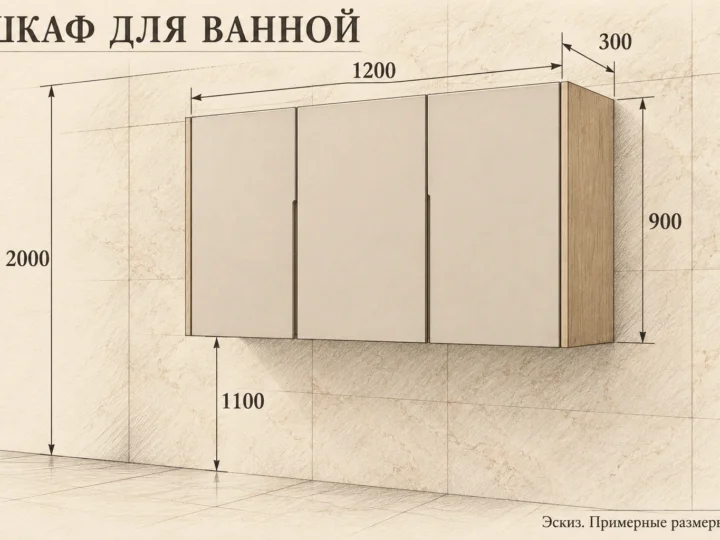 Шкаф для ванной «Навесной кашемир» (арт. 537). Эскиз с фасадами и примерными размерами