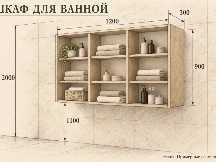 Шкаф для ванной «Навесной кашемир» (арт. 537). Эскиз без фасадов и с примерными размерами