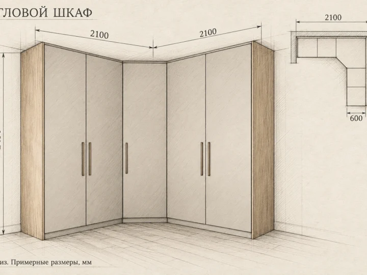 Угловой распашной шкаф «Кашемир и дуб» (арт. 429). Эскиз с фасадами и примерными размерами
