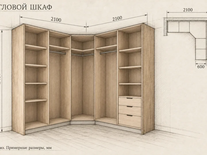 Угловой распашной шкаф «Кашемир и дуб» (арт. 429). Эскиз без фасадов и с примерными размерами