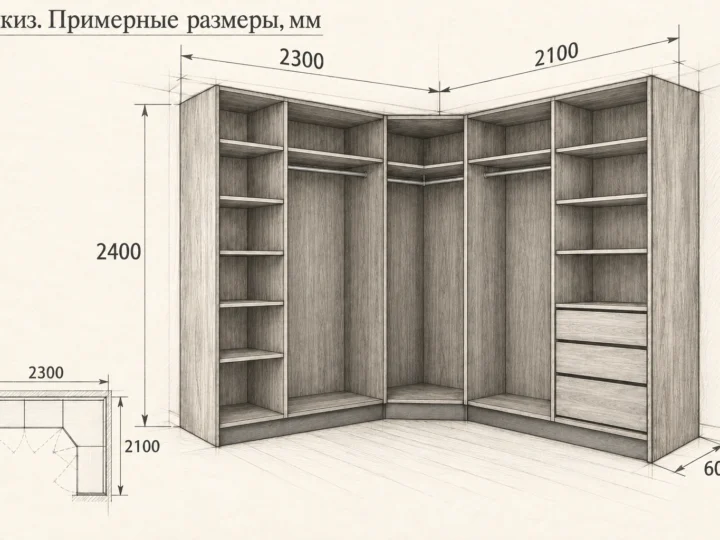Угловой распашной шкаф «Графит и орех» (арт. 431). Эскиз без фасадов и с примерными размерами
