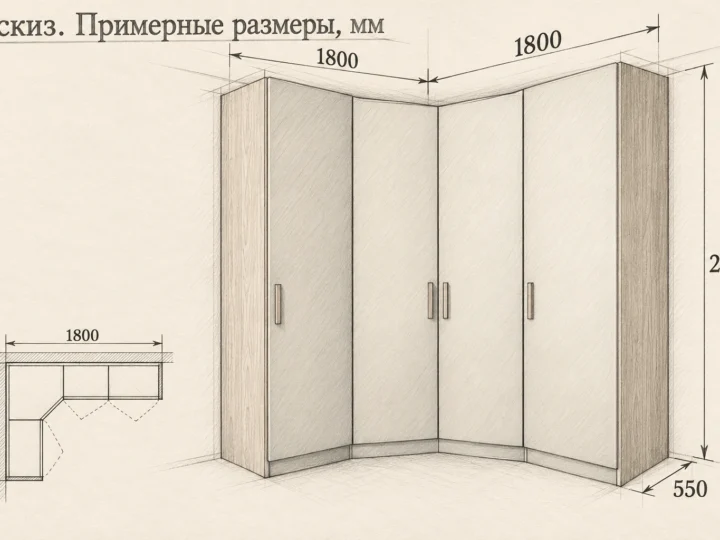 Угловой распашной шкаф «Шалфей и дуб» (арт. 432). Эскиз с фасадами и примерными размерами