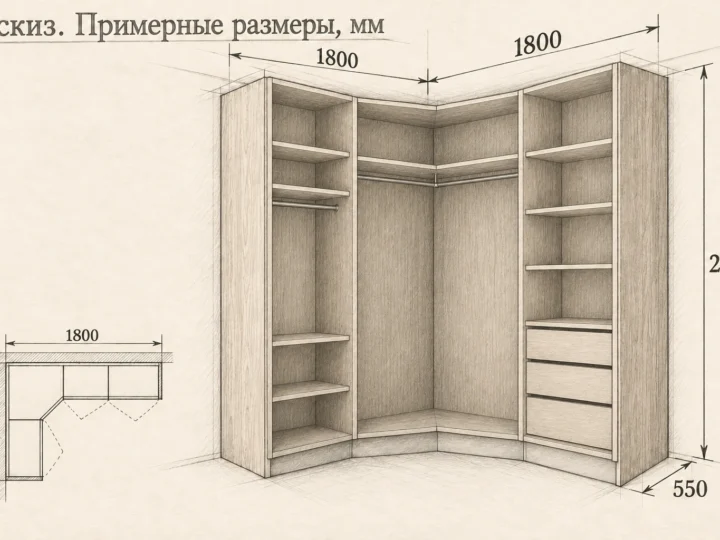 Угловой распашной шкаф «Шалфей и дуб» (арт. 432). Эскиз без фасадов и с примерными размерами