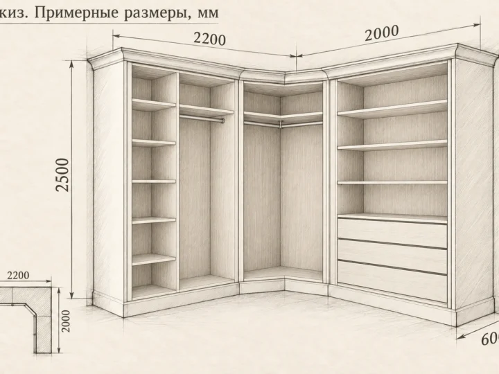 Угловой распашной шкаф «Белая неоклассика» (арт. 430). Эскиз без фасадов и с примерными размерами