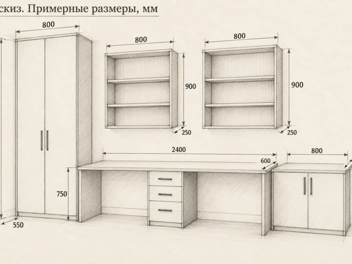 Детская «Синий и дуб» на два рабочих места (арт. 704). Эскиз с фасадами и примерными размерами