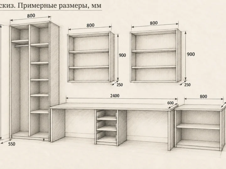 Детская «Синий и дуб» на два рабочих места (арт. 704). Эскиз без фасадов и с примерными размерами
