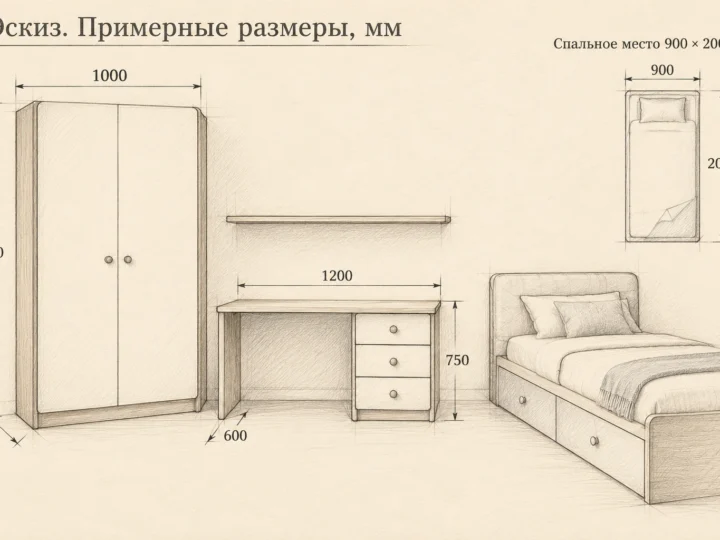 Детская «Облако и дуб» (арт. 701). Эскиз с фасадами и примерными размерами