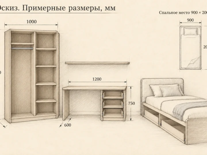 Детская «Облако и дуб» (арт. 701). Эскиз без фасадов и с примерными размерами