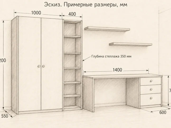 Детская «Шалфей и дуб» (арт. 702). Эскиз с фасадами и примерными размерами