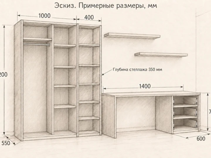 Детская «Шалфей и дуб» (арт. 702). Эскиз без фасадов и с примерными размерами