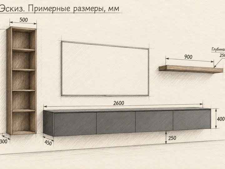 ТВ-зона «Графит и орех» (арт. 802). Эскиз с фасадами и примерными размерами