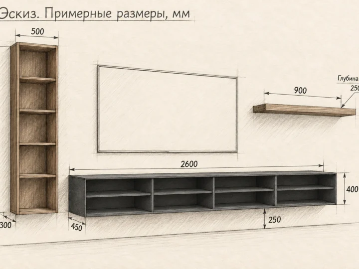 ТВ-зона «Графит и орех» (арт. 802). Эскиз без фасадов и с примерными размерами