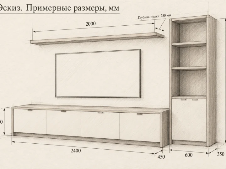 ТВ-зона «Тёплый белый и дуб» (арт. 801). Эскиз с фасадами и примерными размерами
