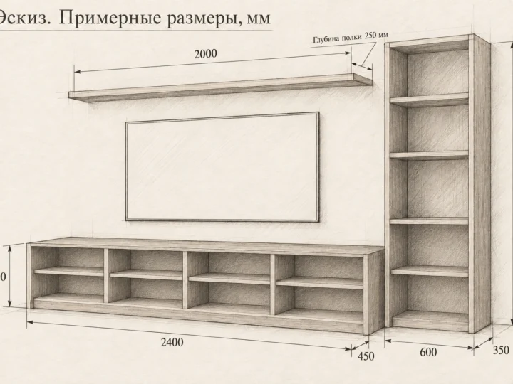 ТВ-зона «Тёплый белый и дуб» (арт. 801). Эскиз без фасадов и с примерными размерами