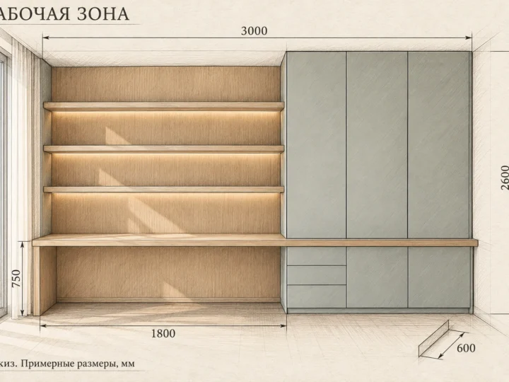 Рабочая зона «Шалфей и светлый дуб» (арт. 903). Эскиз с фасадами и примерными размерами