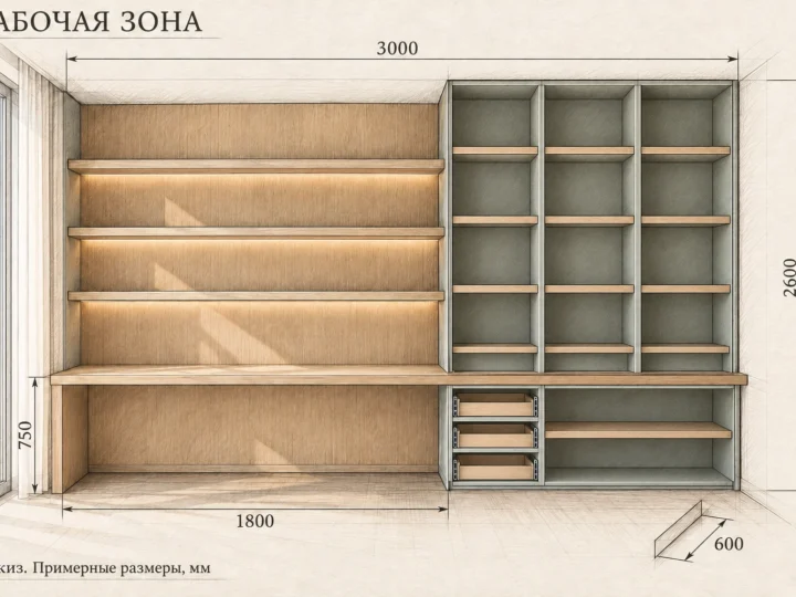 Рабочая зона «Шалфей и светлый дуб» (арт. 903). Эскиз без фасадов и с примерными размерами
