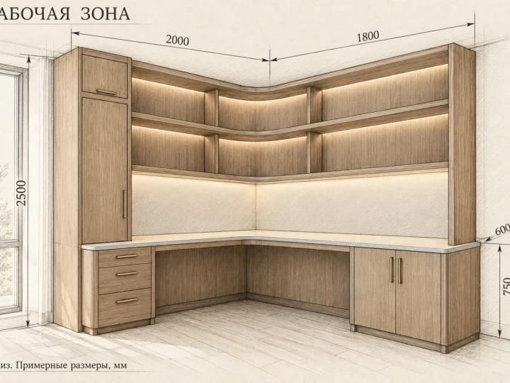 Рабочая зона «Ореховый кабинет» (арт. 905). Эскиз с фасадами и примерными размерами