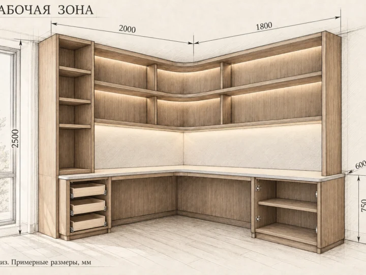 Рабочая зона «Ореховый кабинет» (арт. 905). Эскиз без фасадов и с примерными размерами