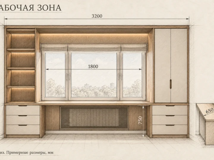 Рабочая зона «Кабинет у окна» (арт. 906). Эскиз с фасадами и примерными размерами