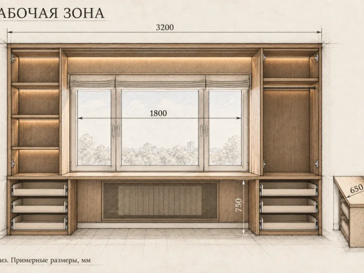 Рабочая зона «Кабинет у окна» (арт. 906). Эскиз без фасадов и с примерными размерами