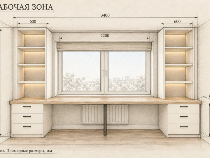 Рабочая зона для двоих (арт. 908). Эскиз с фасадами и примерными размерами