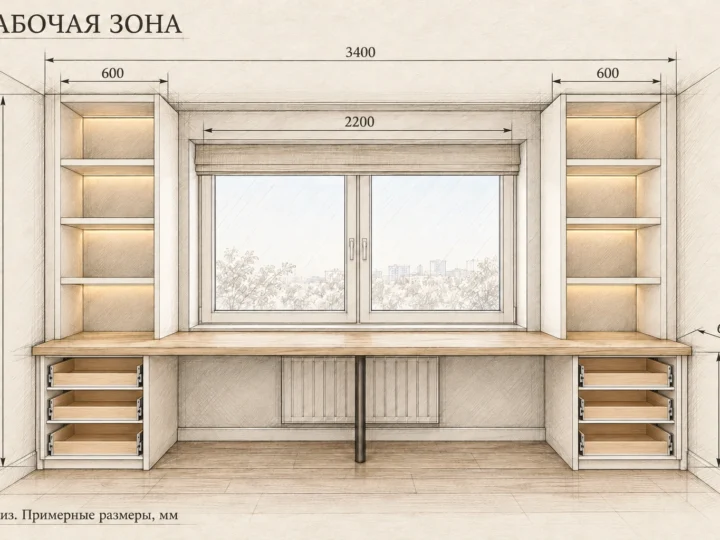 Рабочая зона для двоих (арт. 908). Эскиз без фасадов и с примерными размерами